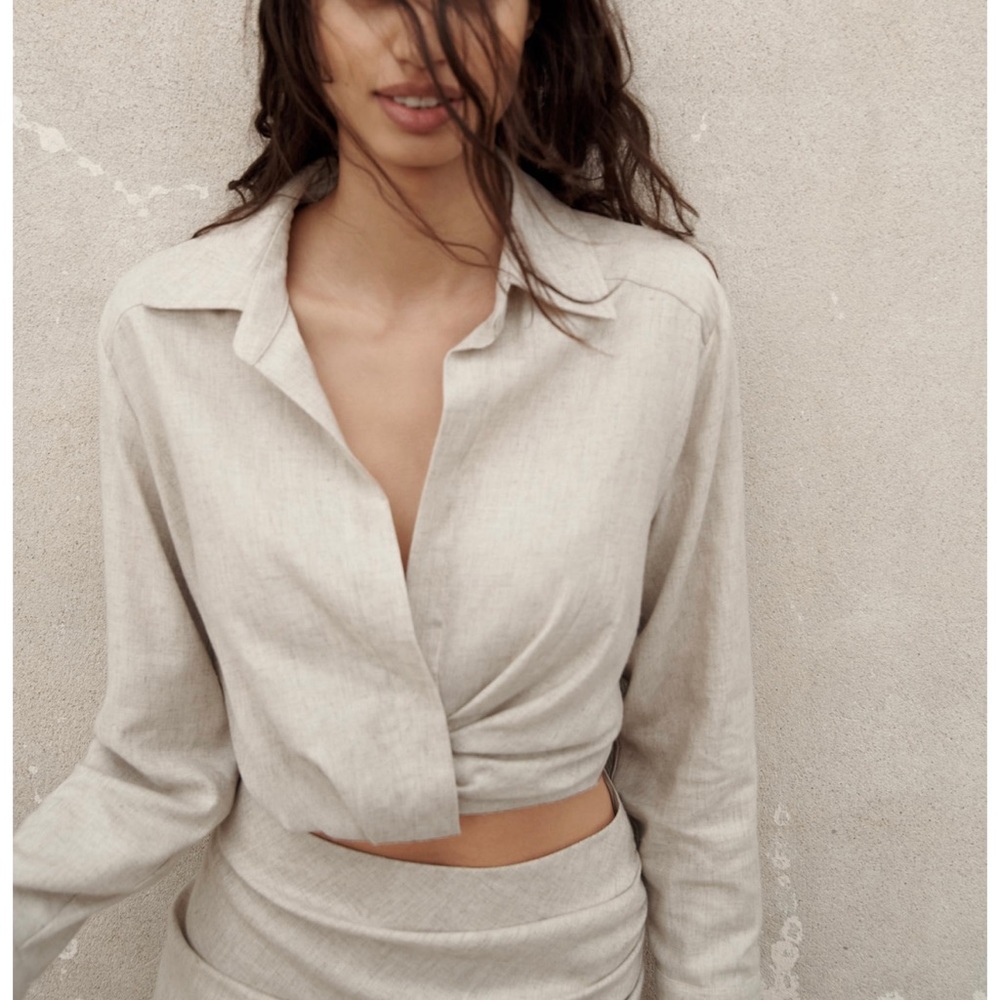 ZARA LINEN BLEND SHIRT WITH PLEATS